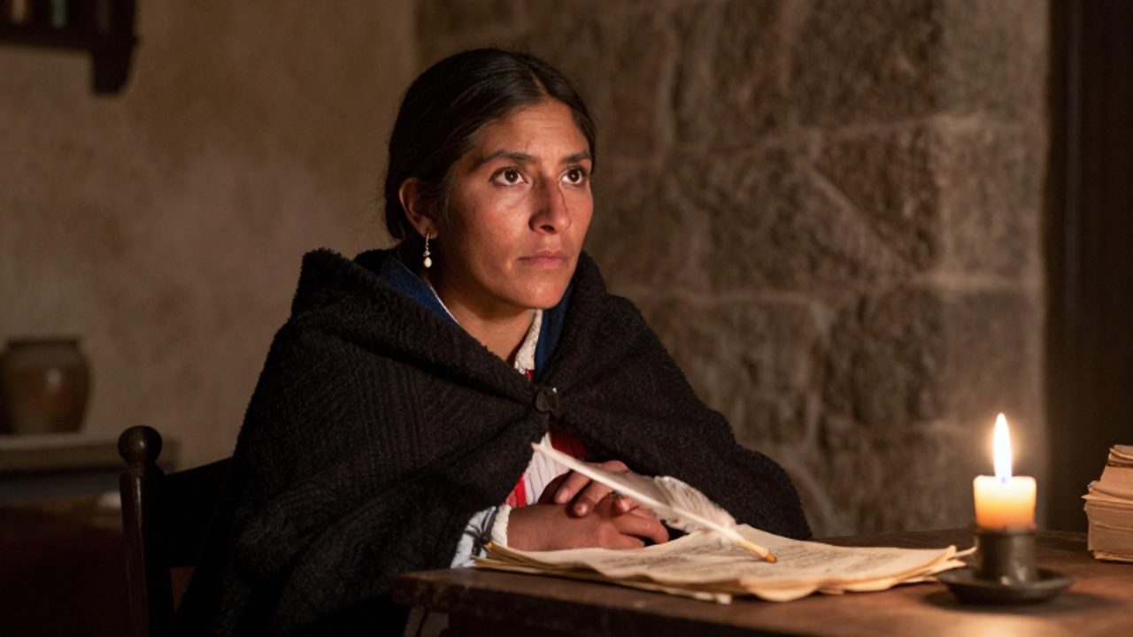 Mujer peruana de la época de la independencia con expresión decidida, sentada ante una mesa con papeles y una vela en un interior colonial rústico.