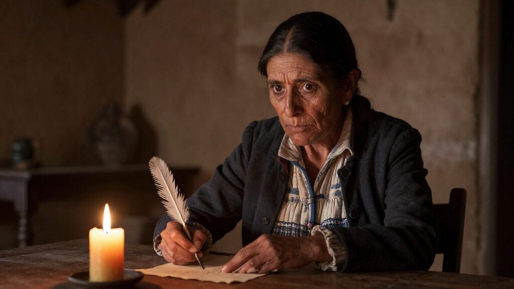 María Parado de Bellido escribe una carta secreta a la luz de una vela en una habitación rústica de estilo colonial.