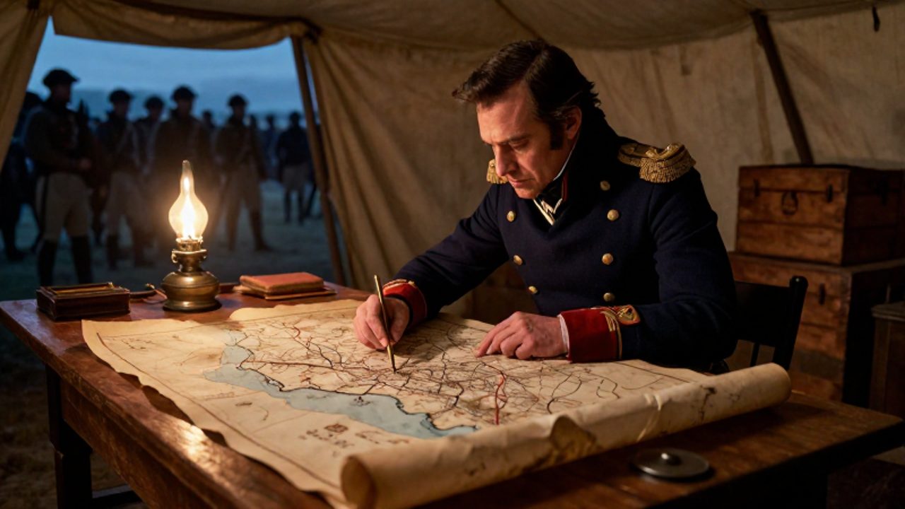 Un general del siglo XIX estudia con atención un mapa estratégico sobre una mesa de madera dentro de una tienda de campaña militar.