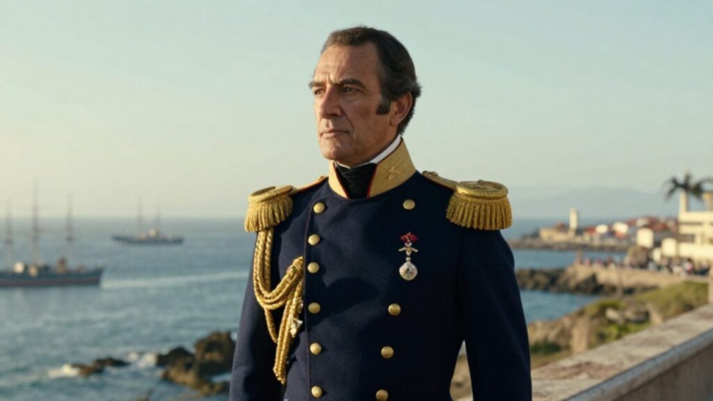 El General José de San Martín con uniforme militar del siglo XIX contempla el horizonte desde un acantilado frente a la costa peruana y una flota naval.