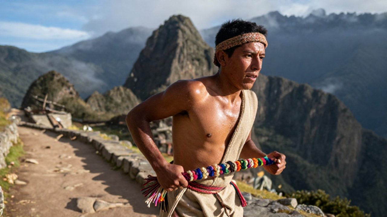 Un chasqui corre por un sendero de piedra en los Andes mientras sostiene un quipu de cuerdas anudadas.