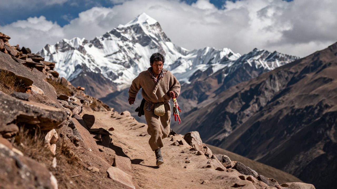 Un mensajero inca corre por un estrecho sendero de piedra en una montaña andina mientras sostiene un quipu.