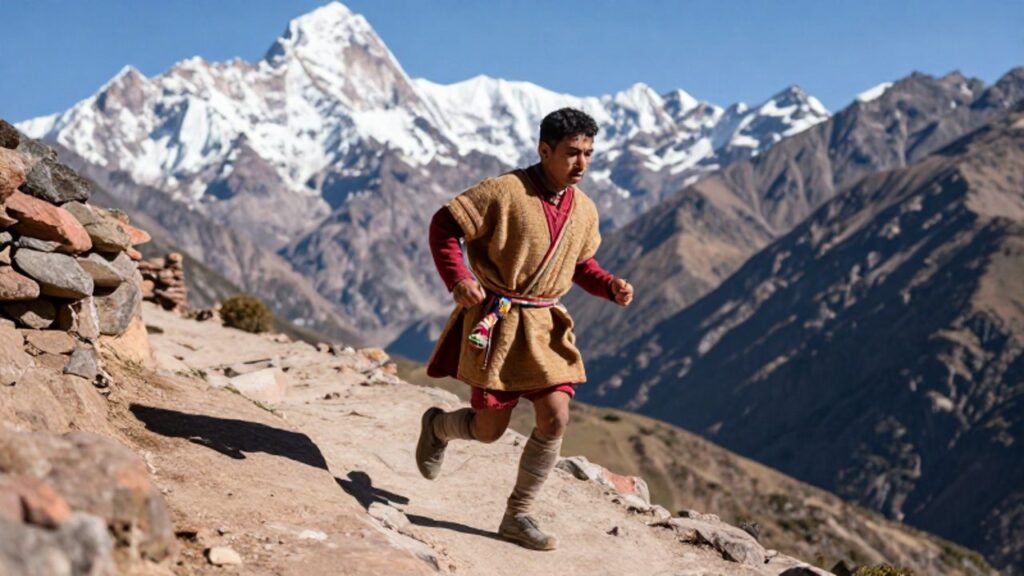 Un chasqui corre con urgencia por un estrecho sendero de piedra en la cordillera de los Andes, vistiendo una túnica tradicional y portando un quipu en la cintura.