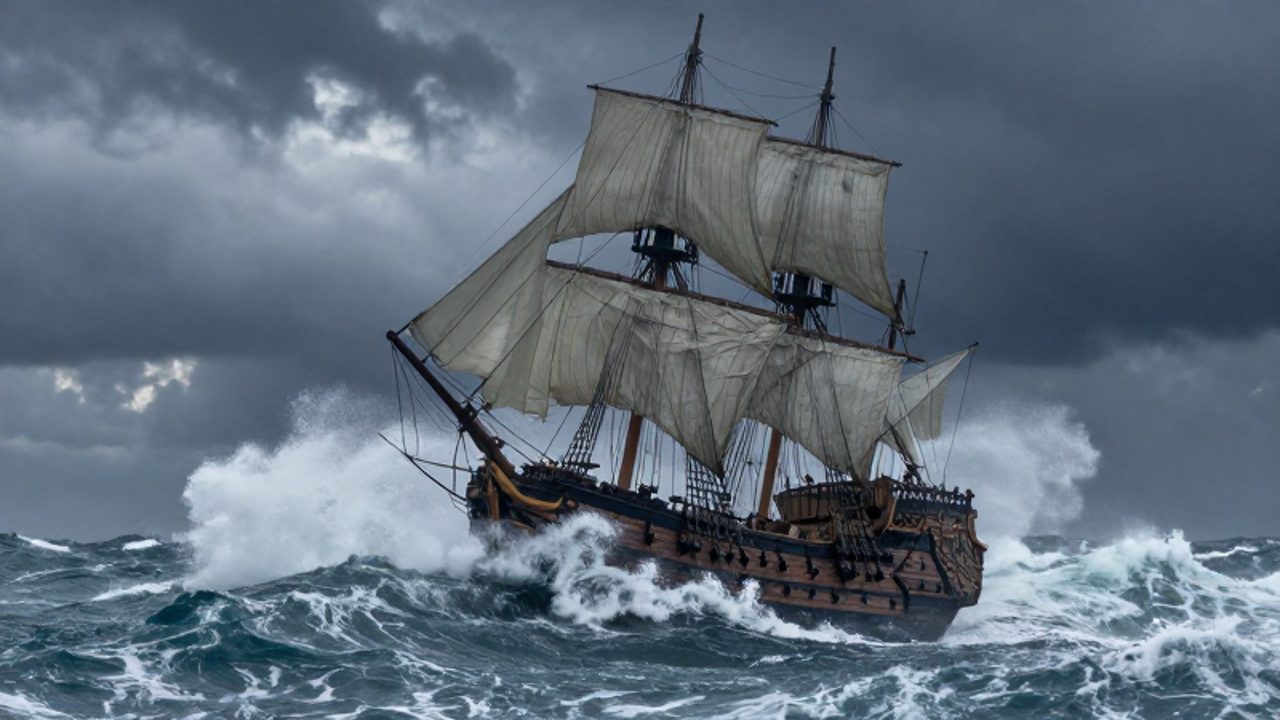 Un galeón español del siglo XVI se inclina peligrosamente mientras lucha contra olas gigantes y una fuerte tormenta en medio del océano.