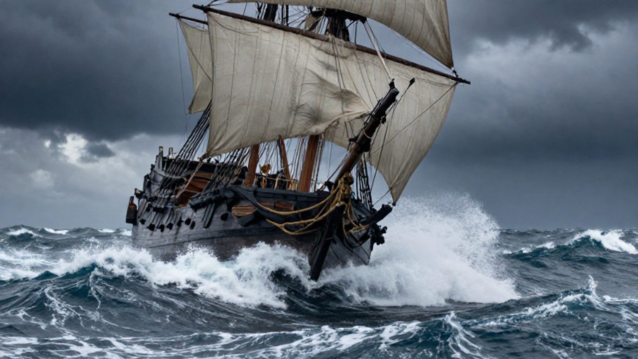 Un galeón español del siglo XVI se inclina peligrosamente mientras lucha contra olas gigantes y una tormenta en el océano Atlántico.