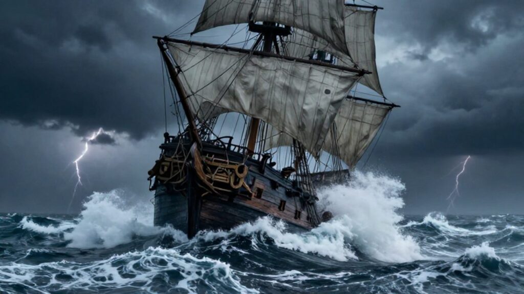 Un galeón español del siglo XVI se inclina peligrosamente mientras lucha contra grandes olas y una tormenta violenta en el océano.
