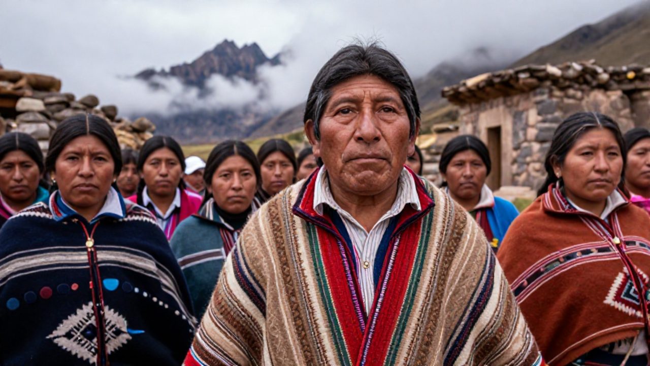 Líder indígena andino con vestimentas coloniales del siglo XVIII junto a su comunidad en un paisaje montañoso neblinoso.