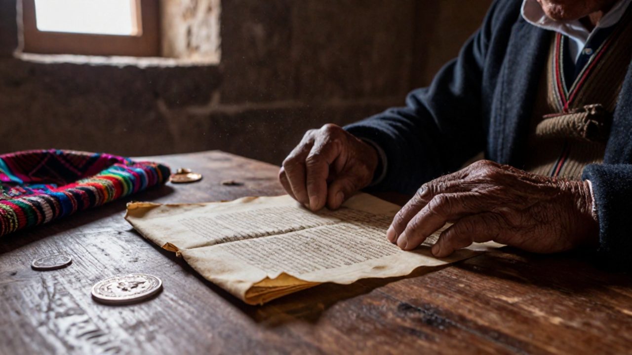 Manos de un hombre andino examinando un manuscrito colonial sobre una mesa de madera junto a un textil tradicional y una moneda de plata.