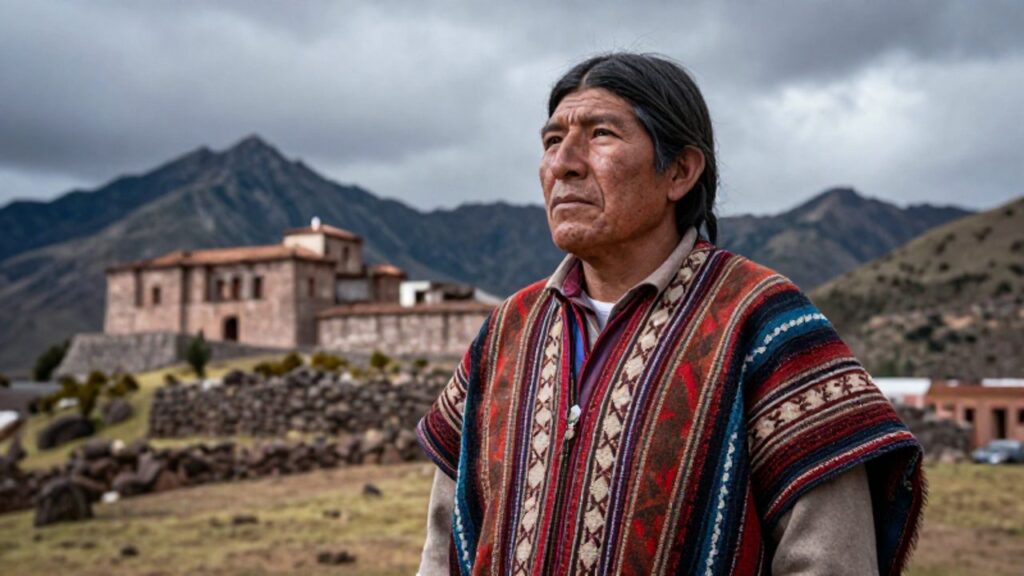 Líder de una comunidad andina con vestimentas tradicionales observa con firmeza una fortaleza colonial entre las montañas de los Andes.