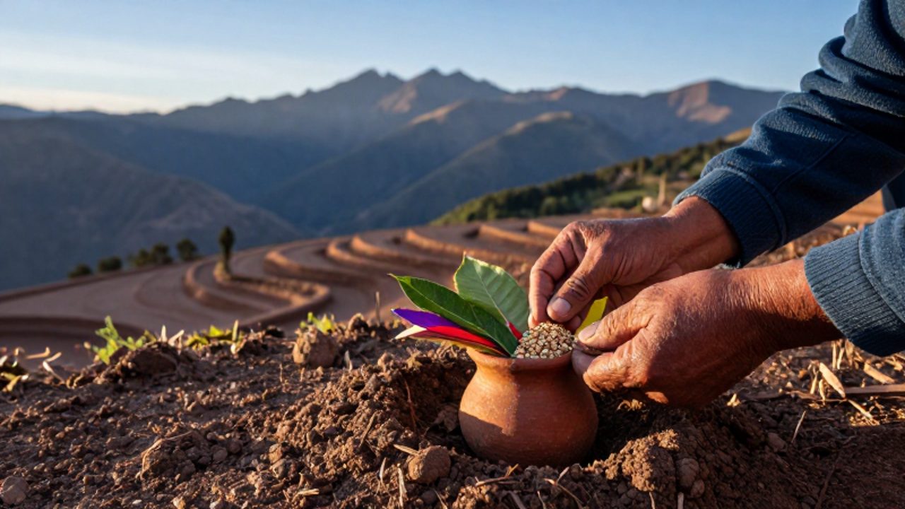 Manos de un agricultor andino depositando hojas de coca y granos en un recipiente ceremonial sobre la tierra de un campo de cultivo con las montañas de fondo.