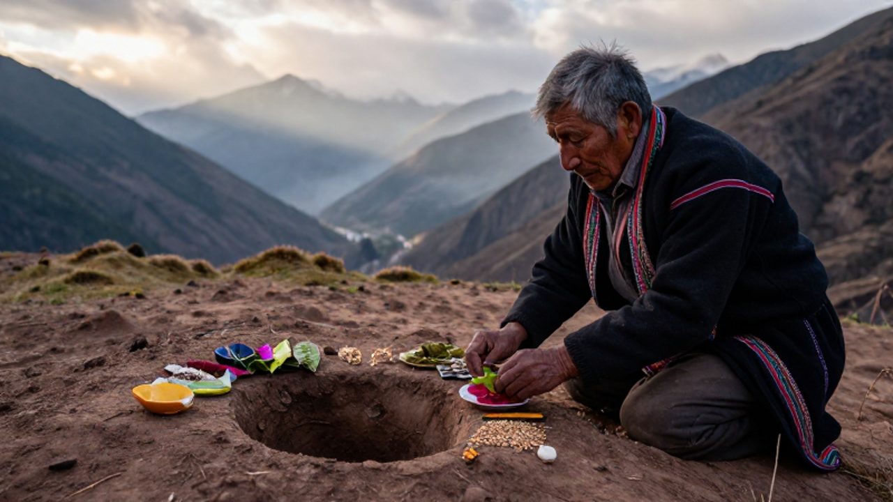 Un hombre andino de edad avanzada realiza una ofrenda con hojas de coca y granos en un pequeño hoyo en la tierra frente a las montañas de los Andes.