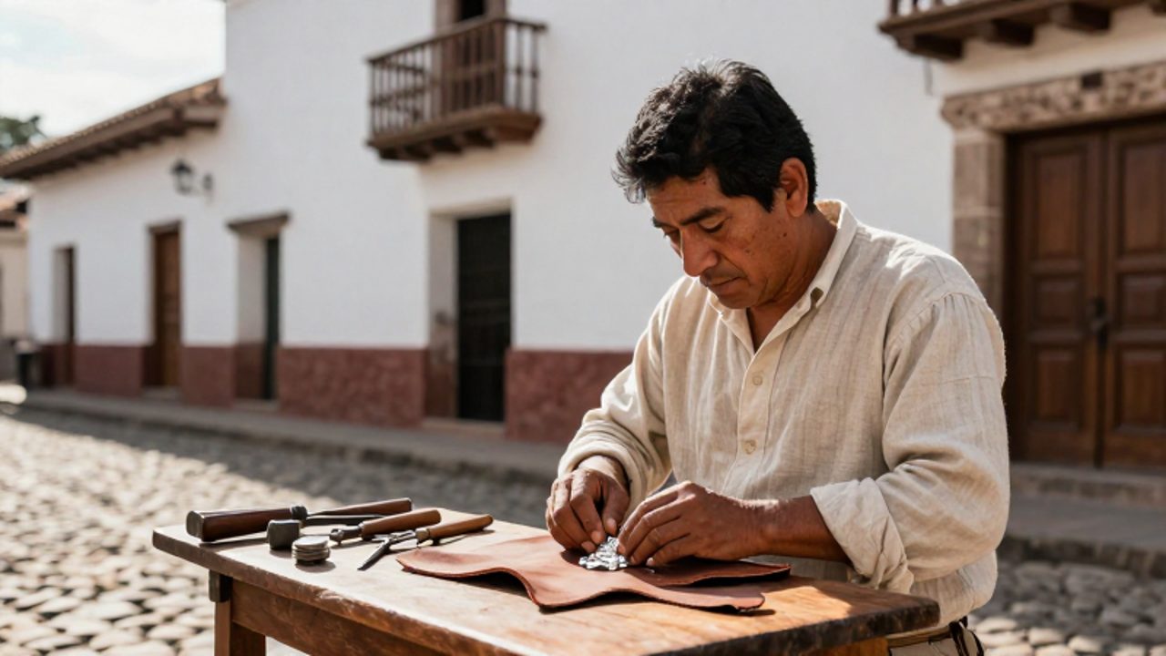 Artesano mestizo trabajando con herramientas y materiales finos en un taller de una calle colonial de Lima.