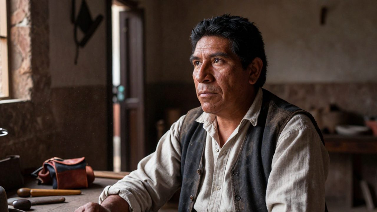 Retrato de un artesano mestizo en un taller colonial peruatro del siglo XVII con expresión pensativa.