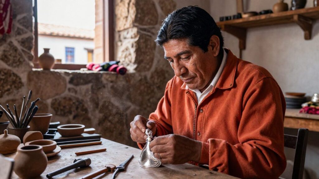 Artesano mestizo trabajando con detalle en una pieza de plata dentro de un taller colonial peruatro del siglo XVII.