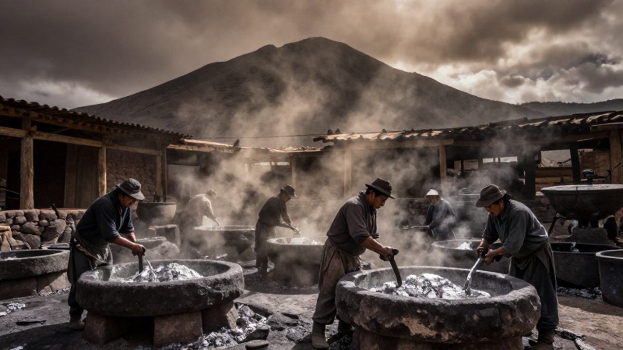 Trabajadores indígenas procesan mineral de plata en grandes cuencos de piedra dentro de una refinería colonial con el Cerro Rico de fondo.