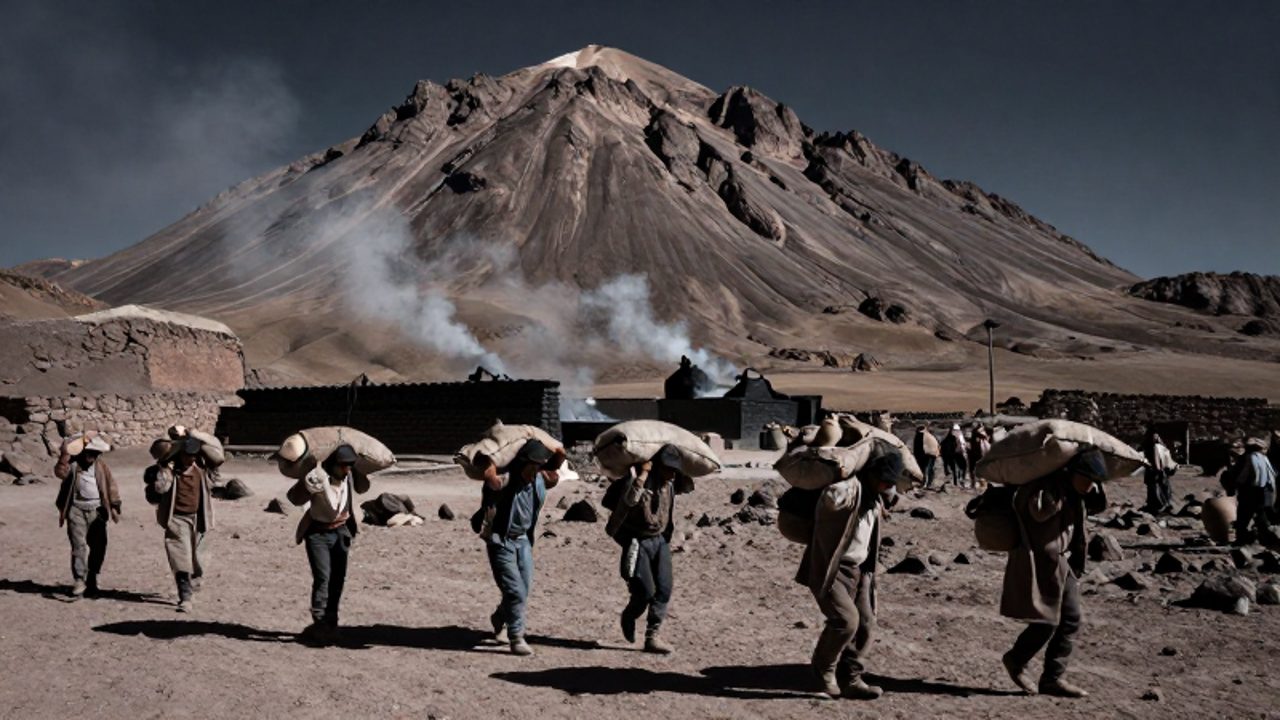 Trabajadores indígenas transportan sacos de mineral de plata a los pies del Cerro Rico en Potosí, con estructuras coloniales y hornos de fundición al fondo.