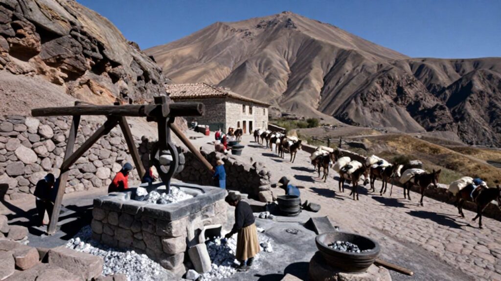 Trabajadores indígenas procesan plata junto a un horno de piedra al pie del Cerro Rico en Potosí, mientras mulas transportan sacos por un camino empedrado.