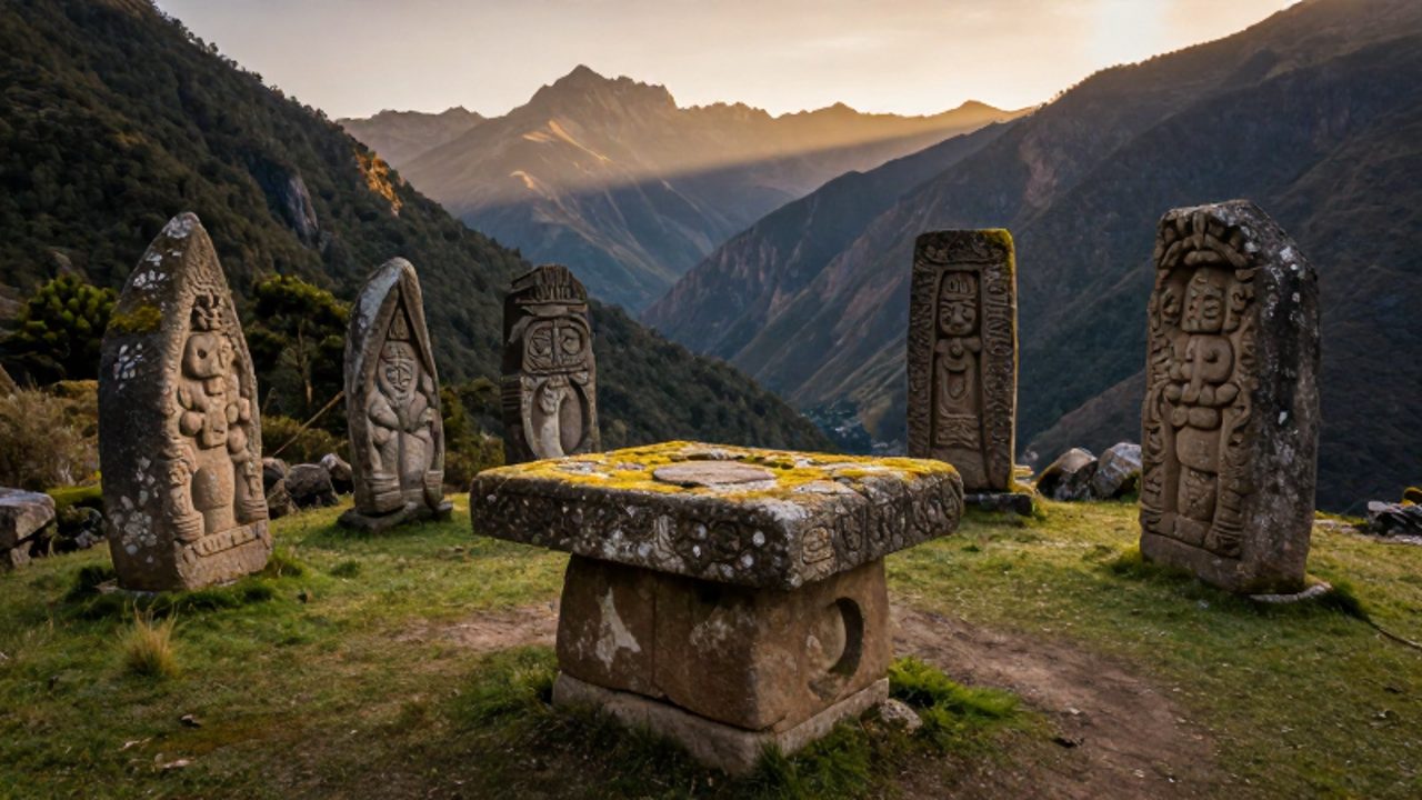 Altar de piedra antiguo entre vegetación en un valle de los Andes bajo la luz del amanecer.