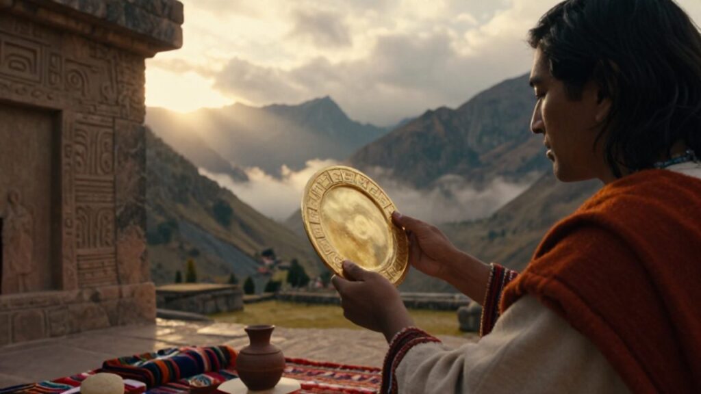 Un sacerdote inca sostiene un disco solar dorado durante un ritual sagrado en un templo de piedra con los Andes al fondo durante el amanecer.