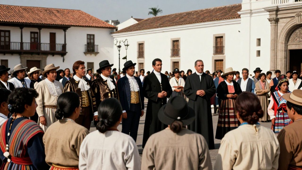 Multitud diversa con aristócratas, clérigos y personas de distintos estratos sociales congregada en la Plaza de Armas de la Lima colonial.