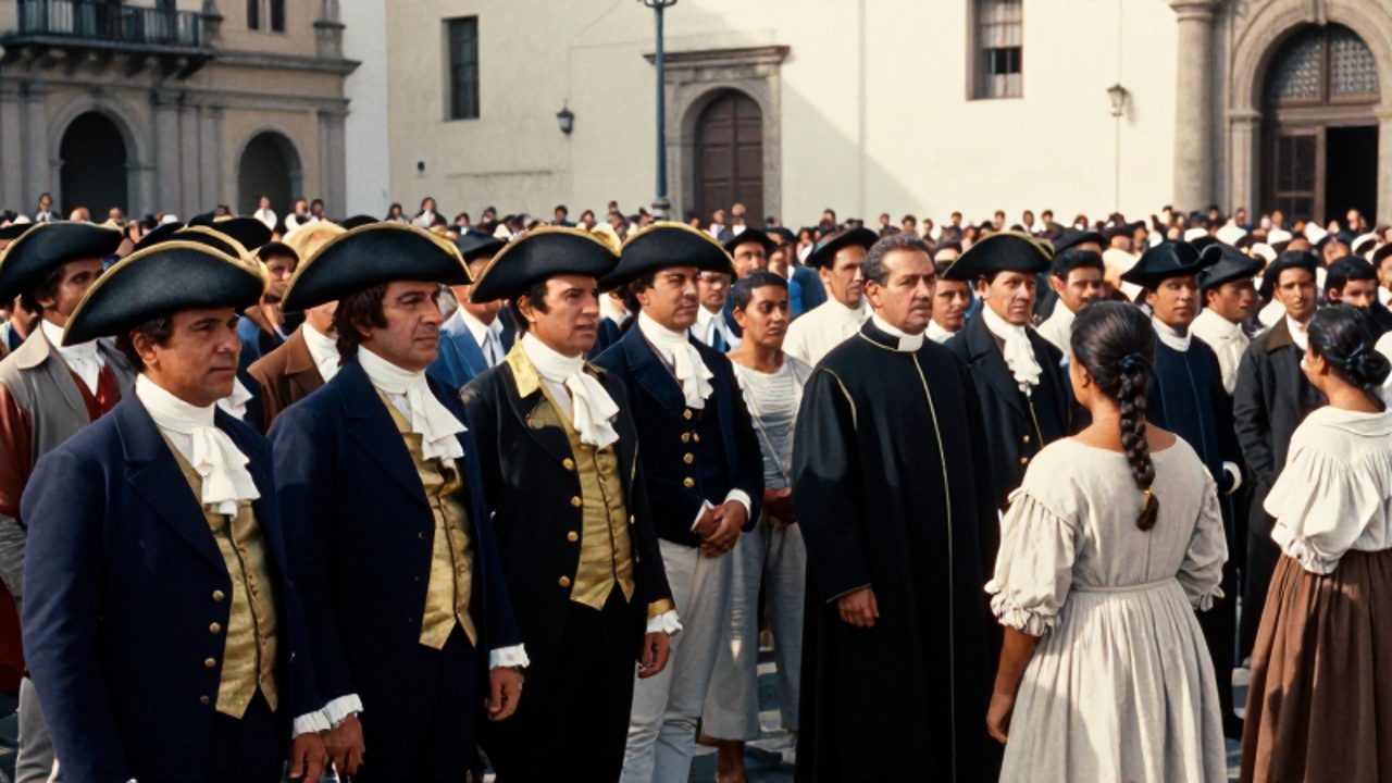 Multitud diversa en la Plaza de Armas de Lima durante el siglo XIX, con aristócratas, clérigos y gente común reunidos frente a la arquitectura colonial.