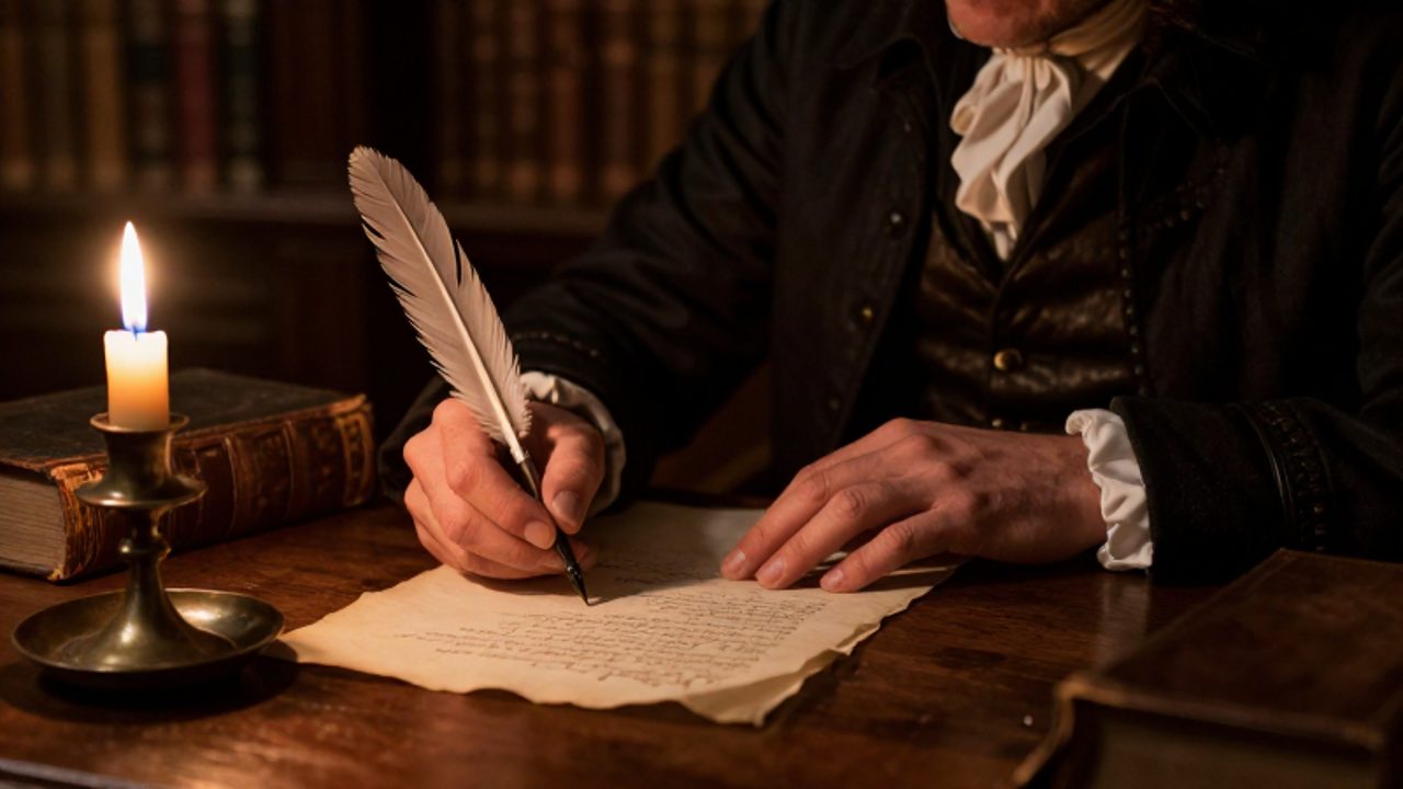 Manos de un intelectual escribiendo un manuscrito con pluma sobre un escritorio de madera en un estudio colonial iluminado por una vela.