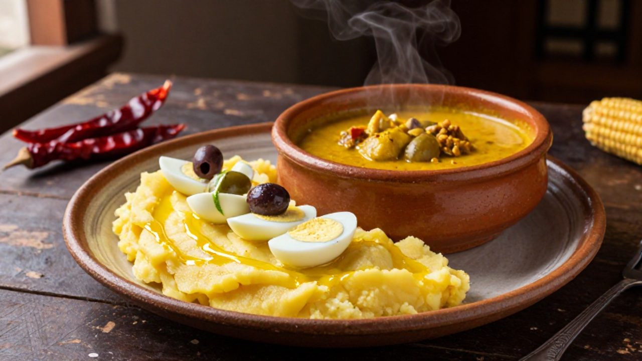 Causa limeña y ají de gallina servidos en platos de cerámica sobre una mesa de madera rústica.