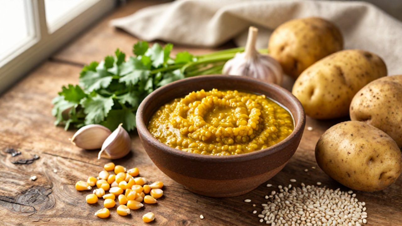 Ingredientes andinos y europeos, como ají amarillo, papas, trigo y especias, dispuestos sobre una mesa de madera rústica.