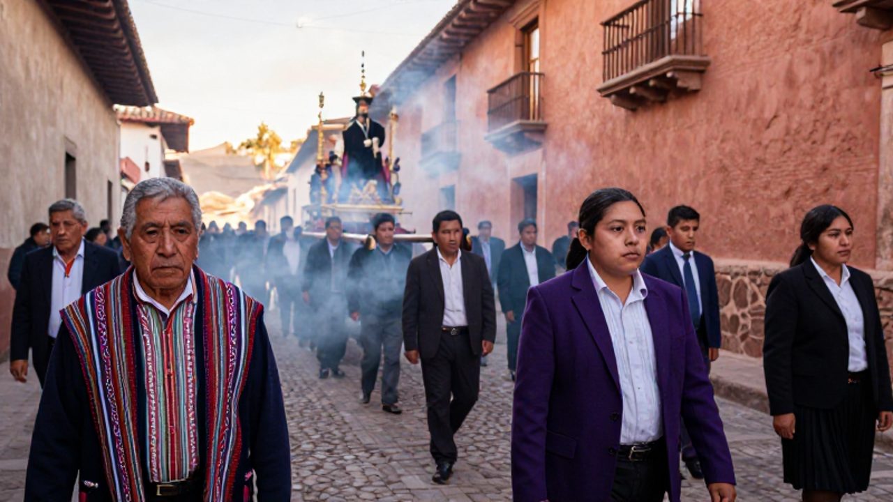 Fieles de distintas edades caminan con solemnidad por una calle colonial durante una procesión religiosa entre nubes de incienso.