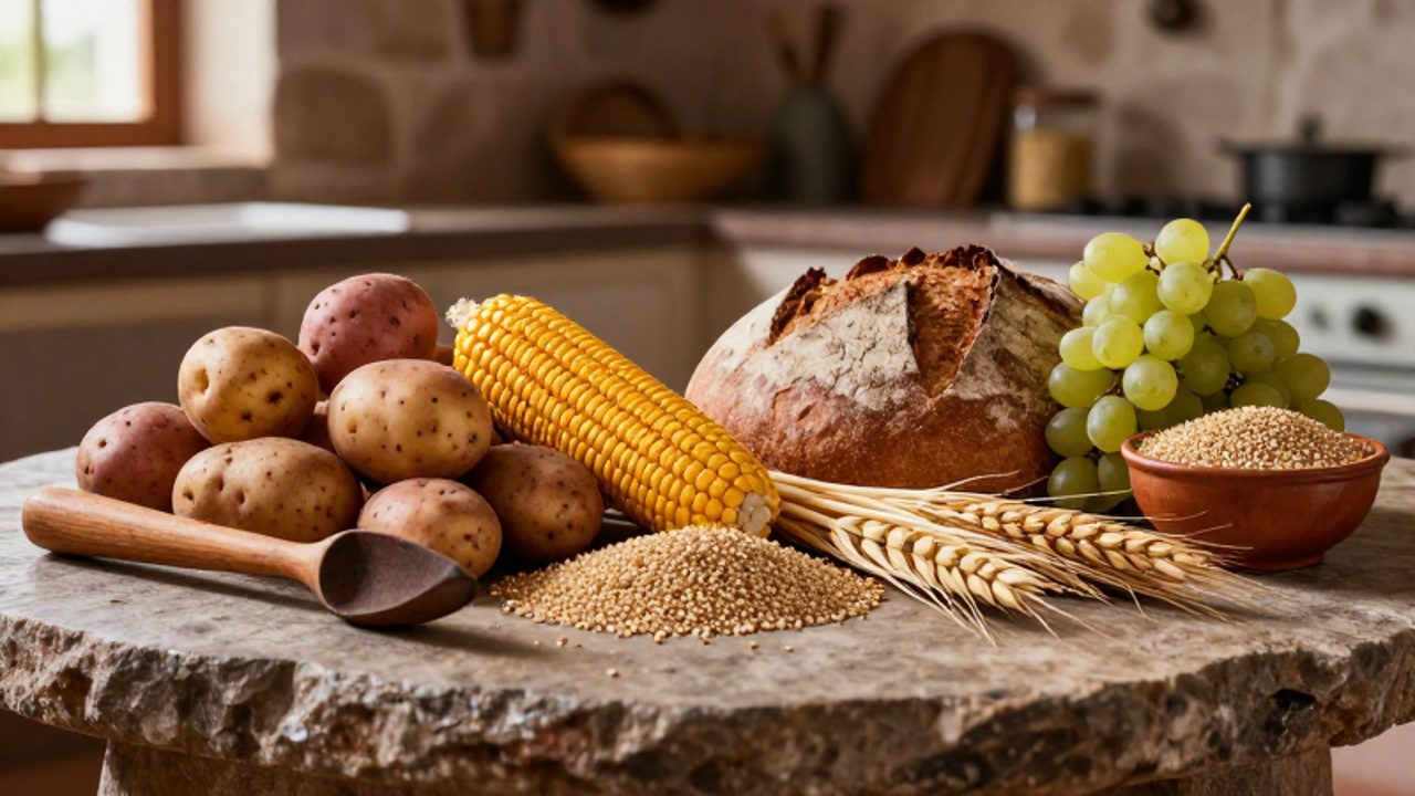 Variedad de productos agrícolas andinos como papas, maíz y quinua junto a productos europeos como trigo y uvas sobre una mesa de piedra.