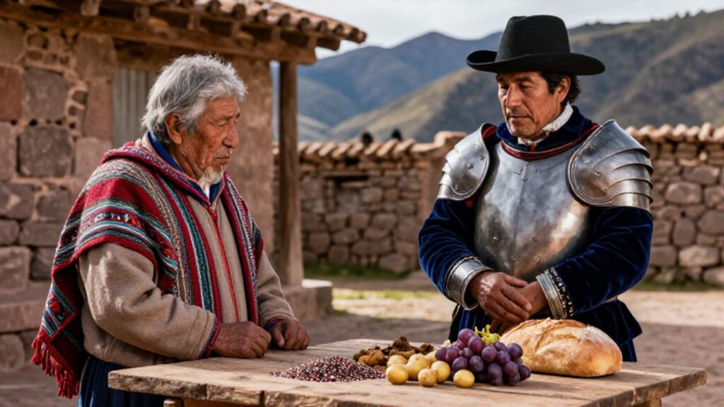 Un anciano andino con textiles tradicionales y un oficial español con armadura frente a una mesa que muestra la mezcla de alimentos nativos, como quinoa y papas, con productos europeos como trigo y uvas.