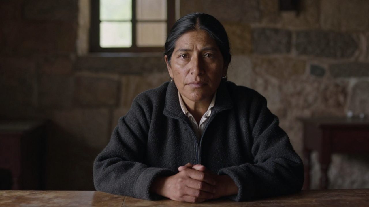 María Parado de Bellido con expresión firme y decidida, sentada frente a una mesa de madera en una habitación colonial de tonos oscuros.