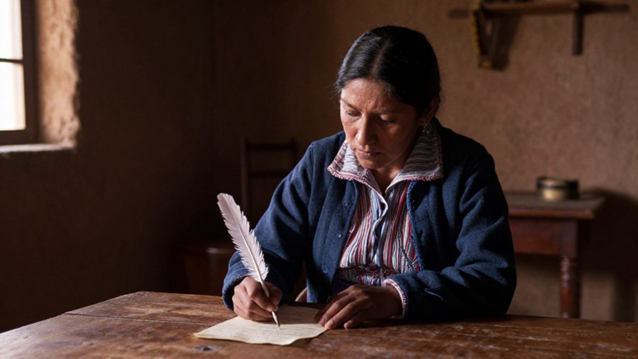 Mujer peruana de la época colonial escribe una carta clandestina con pluma y pergamino en una habitación rústica iluminada por la luz de una ventana.