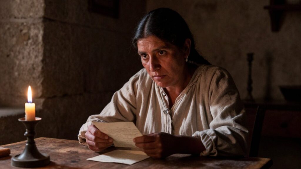 María Parado de Bellido, con expresión decidida, escribe una carta clandestina a la luz de una vela en una habitación colonial de paredes de piedra.
