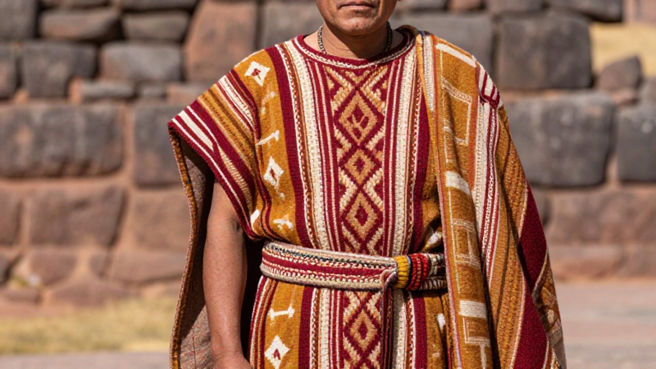 Hombre de alto rango inca vistiendo un unku de lana de vicuña con patrones geométricos coloridos y un manto sobre los hombros.