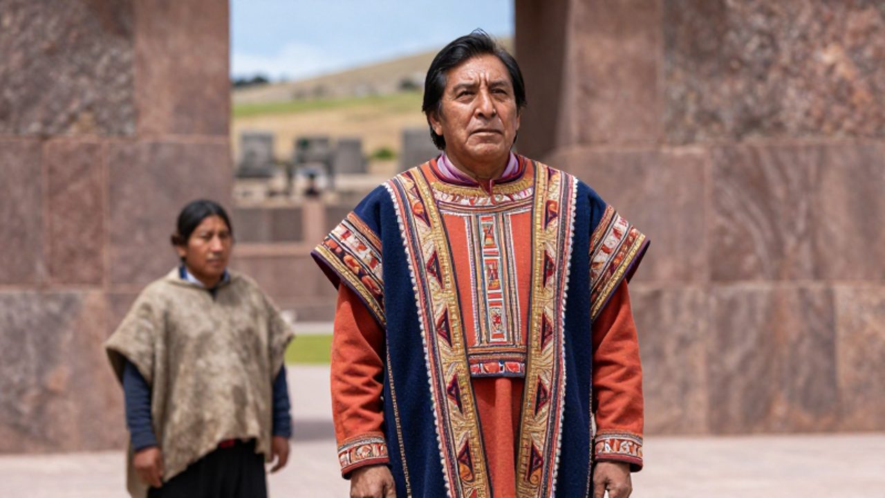 Un noble inca con una túnica de vicuña decorada con patrones geométricos coloridos destaca frente a un trabajador con vestimenta sencilla de lana de alpaca en un patio de piedra andino.
