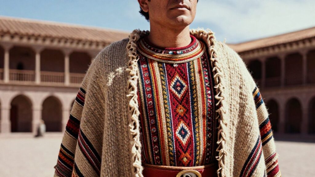 Nobleza inca con un unku de lana de vicuña decorado con patrones geométricos tocapu y un manto tejido en un patio de piedra andino.