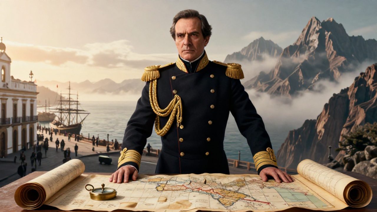 Andrés de Santa Cruz con uniforme militar del siglo XIX, situado entre un puerto costero peruano y las montañas de los Andes bolivianos, con mapas antiguos sobre una mesa.