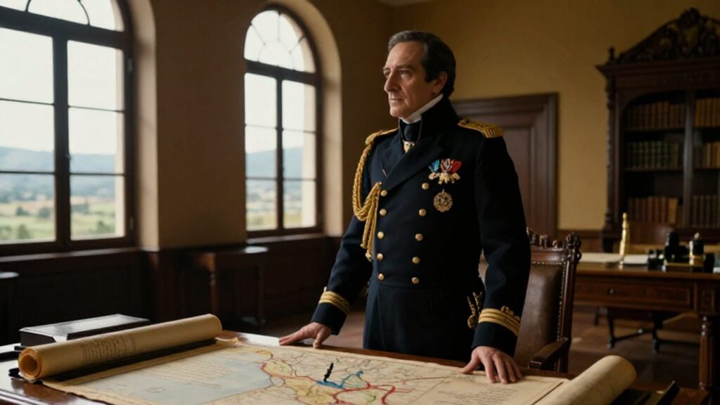 Retrato de un estadista del siglo XIX con uniforme militar frente a un escritorio con mapas y documentos en una oficina colonial andina.