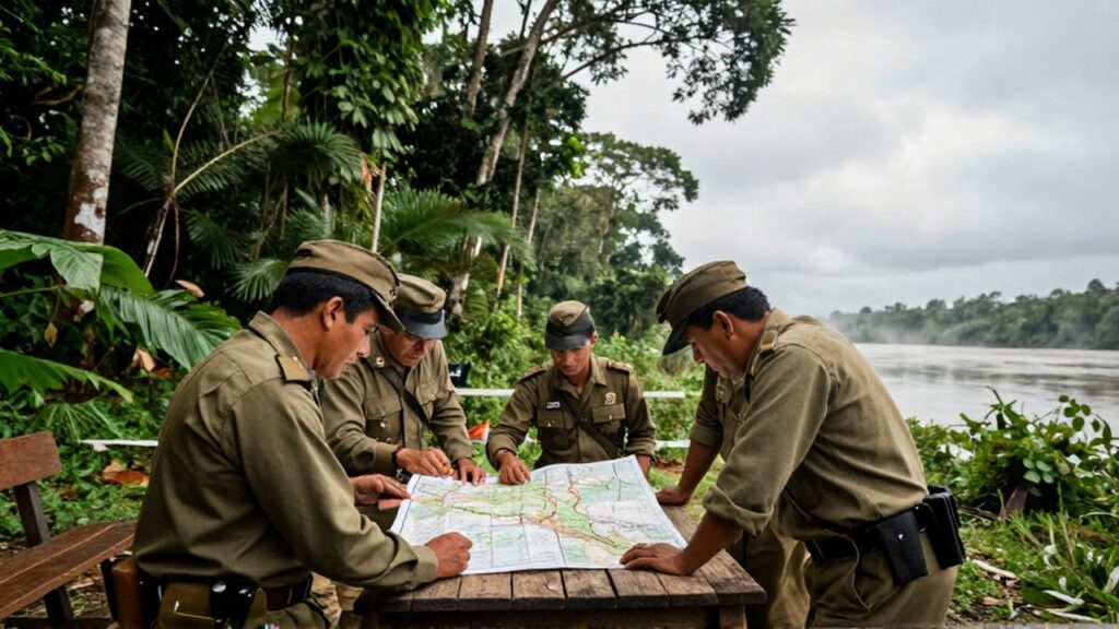 Soldados latinoamericanos de principios del siglo XX estudian un mapa topográfico en un campamento militar junto al río Amazonas.