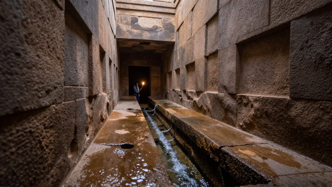 Una persona con una antorcha recorre un estrecho pasadizo de piedra con canales de agua.