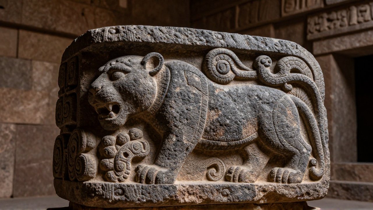 Primer plano de un monolito de piedra con tallas de jaguar y serpiente en un templo antiguo.