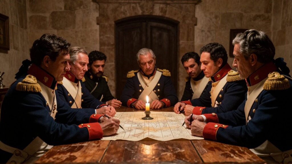 Oficiales militares peruanos del siglo XIX discuten sobre mapas de pergamino en un estudio colonial.