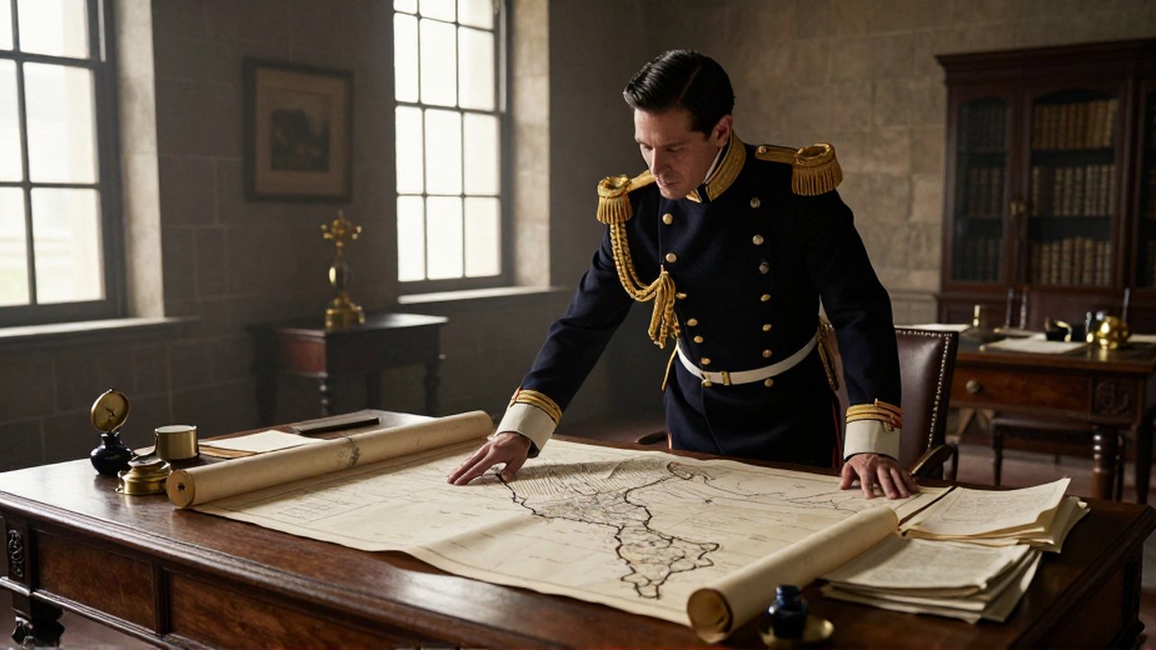 Oficial con uniforme azul oscuro observa un mapa desplegado sobre un escritorio de madera.