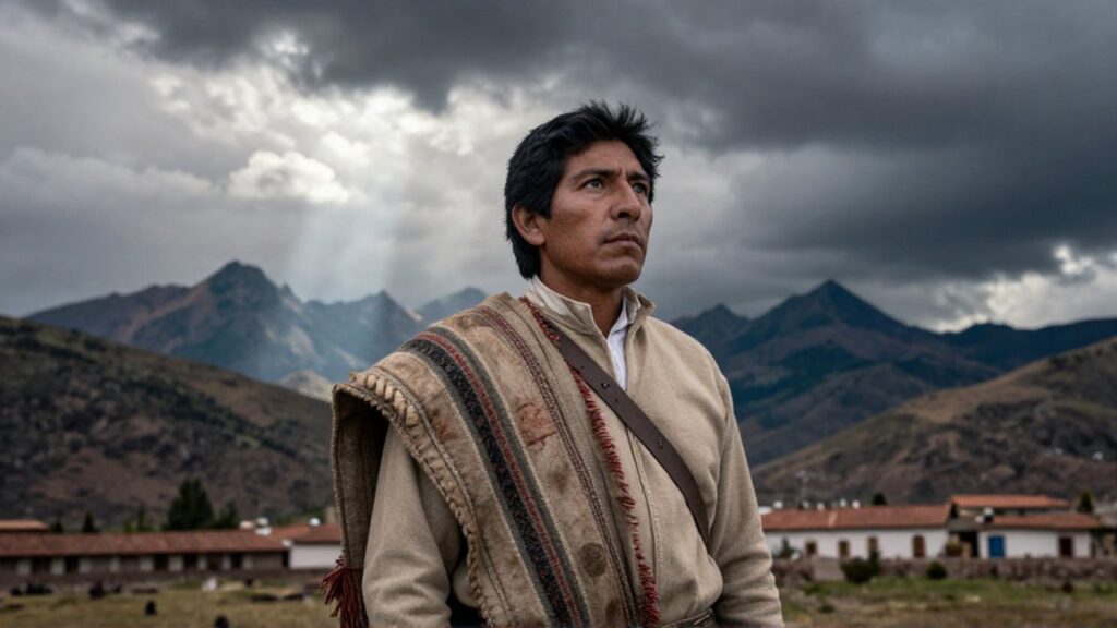 Un hombre con vestimenta colonial andina mira hacia el horizonte entre montañas neblinosas.