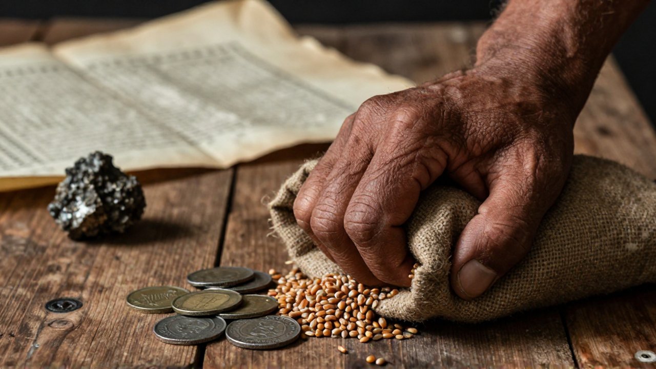 Una mano curtida sujeta un saco de grano y monedas sobre una mesa de madera.