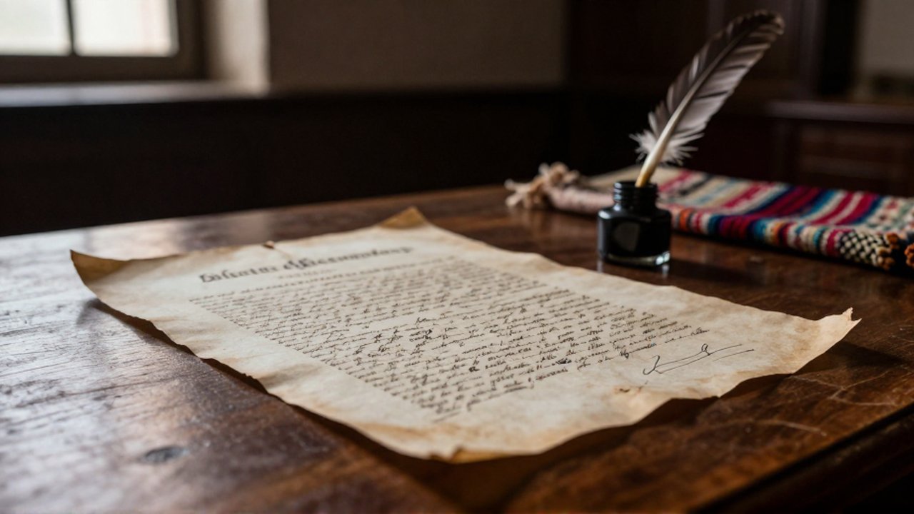 Documento administrativo antiguo junto a una pluma y un tintero sobre una mesa de madera.