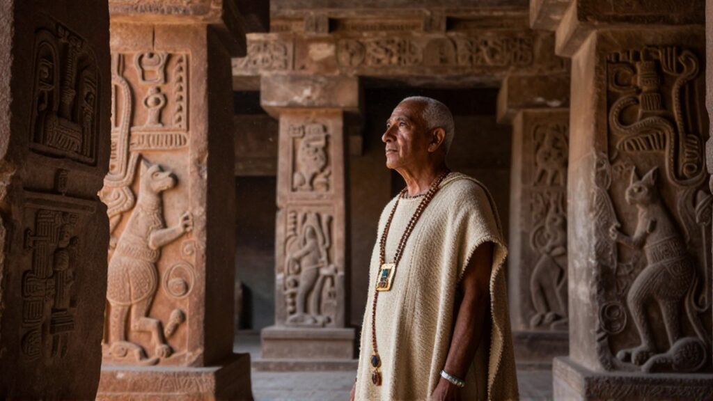 Un sacerdote con vestimenta ceremonial está de pie en el interior de un templo de piedra con relieves de felinos y serpientes.