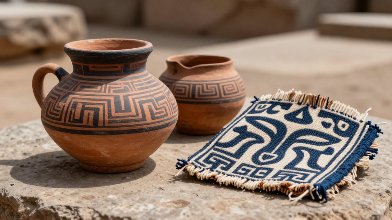 Vaso cerámico polícromo con motivos geométricos junto a un fragmento de textil con patrones de animales sobre una superficie de piedra.