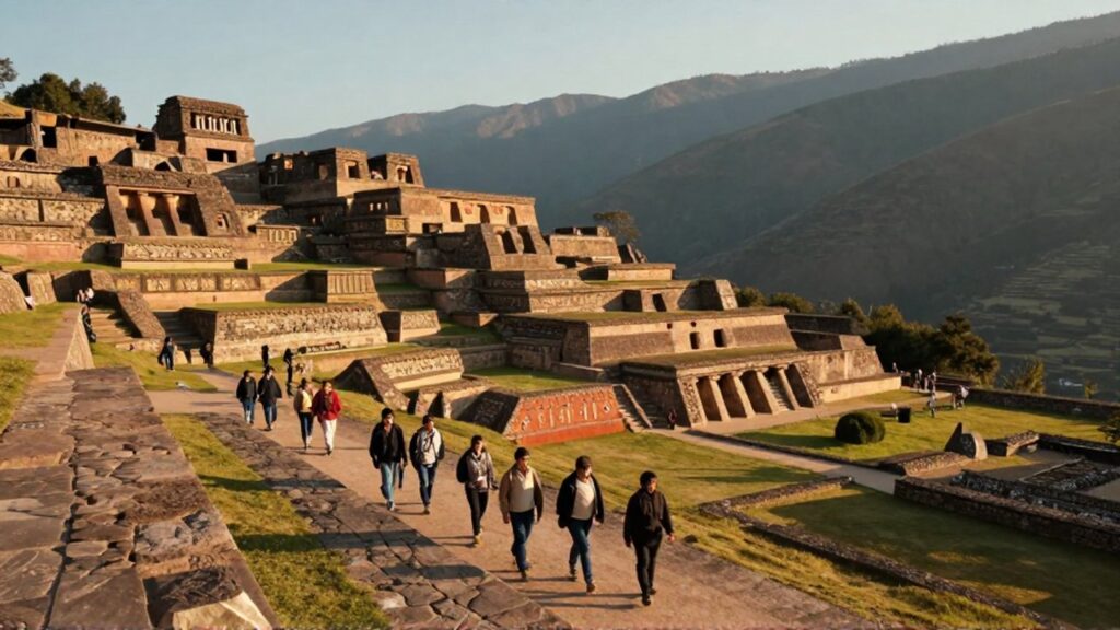 Historiadores y estudiantes caminan por un sendero de piedra entre terrazas y ruinas de arquitectura antigua en un valle andino.